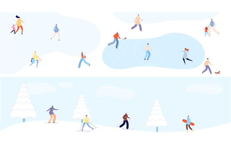 winter-holidays-tiny-people-walking-in-snow-park-skiing-and-skating