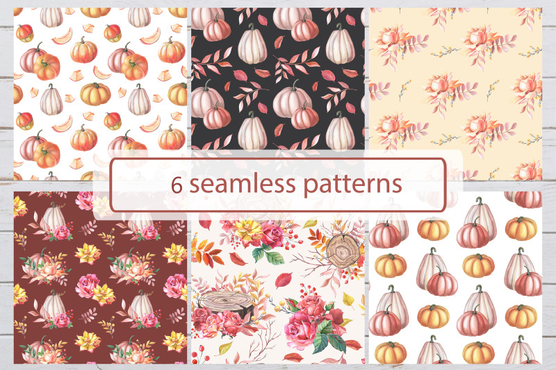 autumn-patterns-watercolor-pumpkins-and-roses