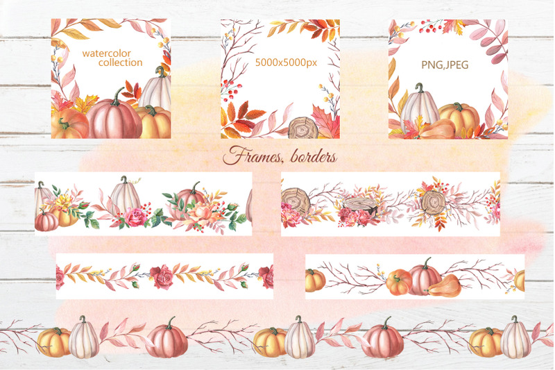 watercolor-frames-borders-autumn-pumpkins-and-roses