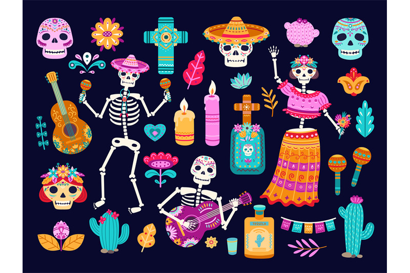 day-of-dead-mexican-decorations-cute-skull-skeletons-flowers-cartoo