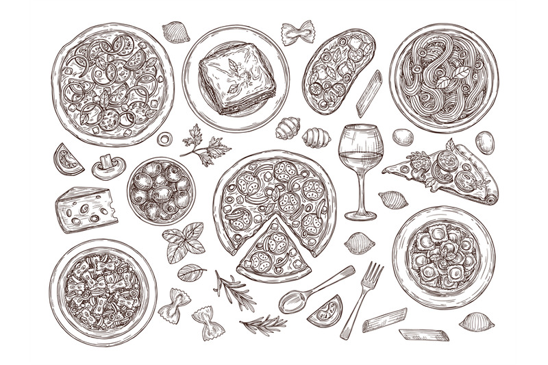 pizza-and-pasta-italian-food-doodle-variety-dishes-tomato-wine-hand