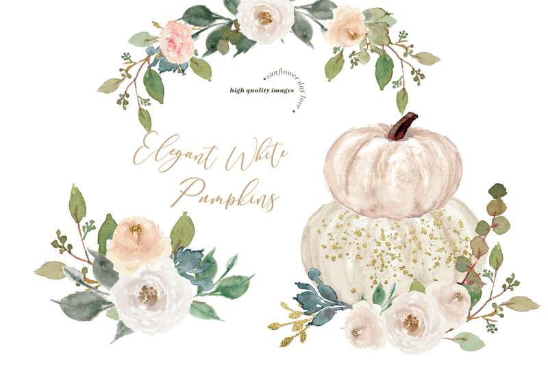 ivory-white-watercolor-pumpkin-clipart-greenery-autumn-floral-leaves
