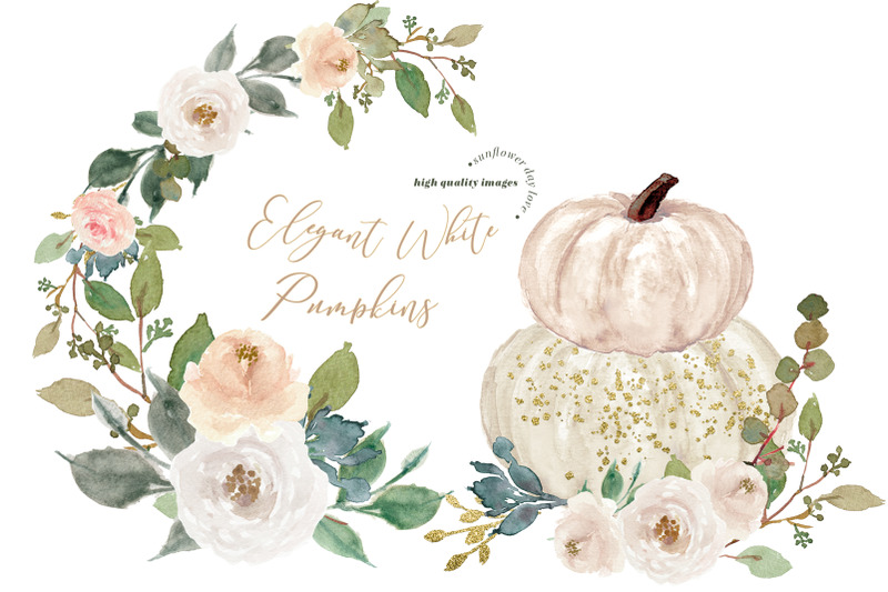ivory-white-watercolor-pumpkin-clipart-greenery-autumn-floral-leaves
