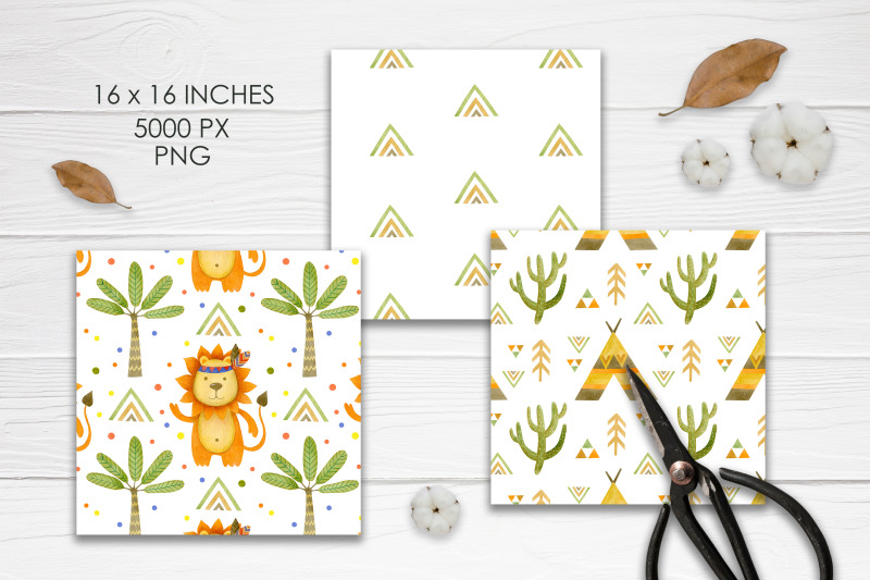 watercolor-lion-and-raccoon-seamless-patterns