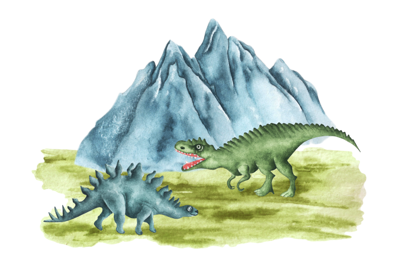 dino-boy-watercolor-illustration-dinosaurs-nature-landscape