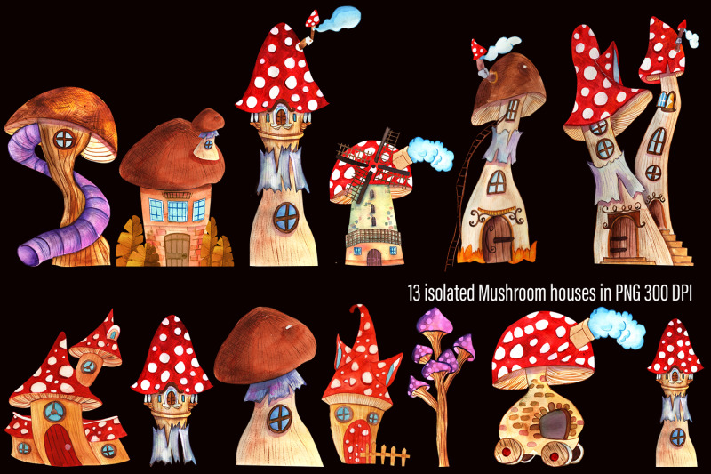 watercolor-set-of-beautiful-mushroom-houses