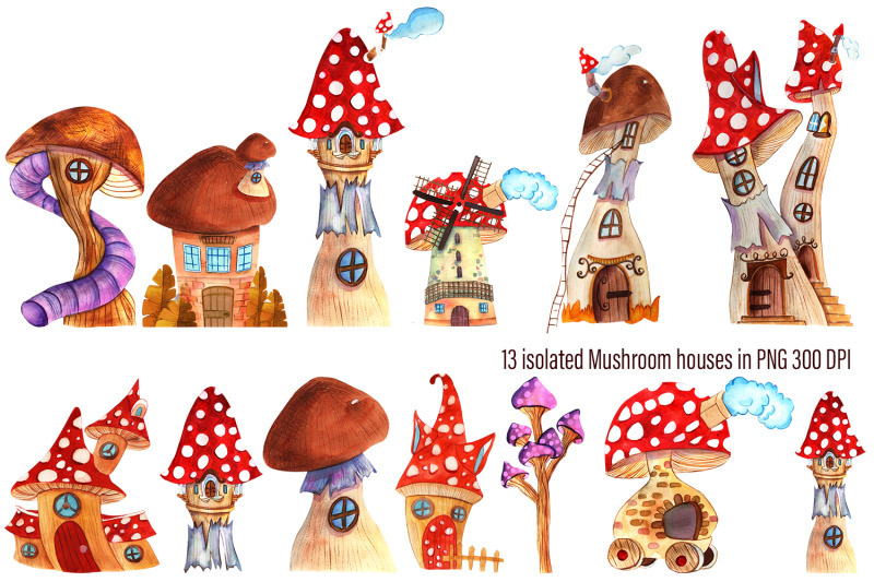 watercolor-set-of-beautiful-mushroom-houses