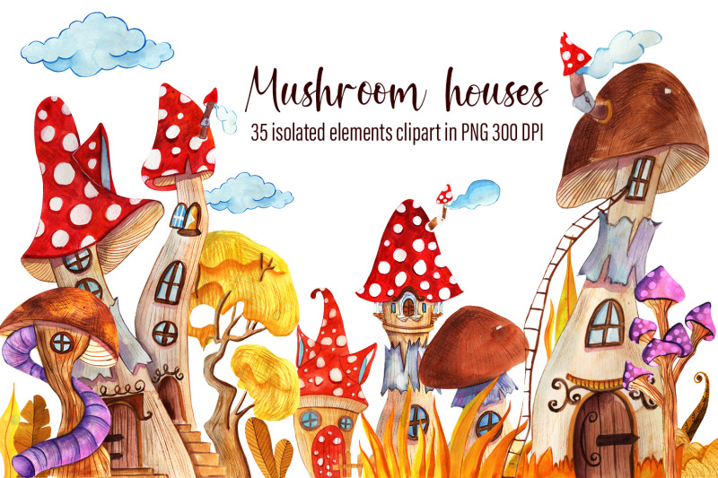 watercolor-set-of-beautiful-mushroom-houses