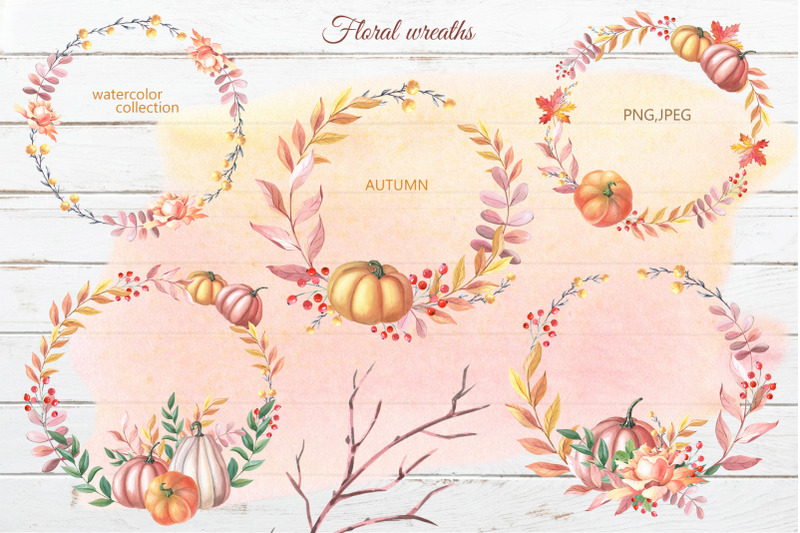watercolor-floral-wreaths-autumn-pumpkins-and-roses