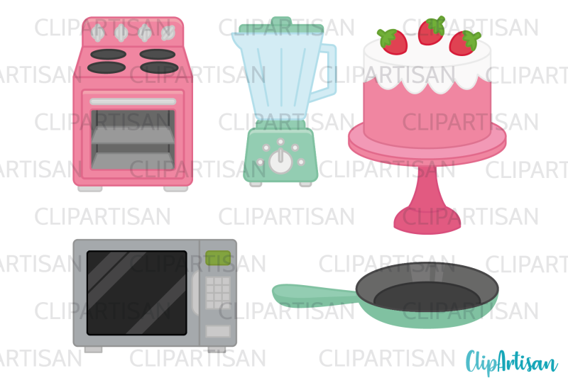 kitchen-baking-and-cooking-tools-clip-art-retro-pink-green
