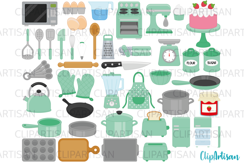 kitchen-baking-and-cooking-tools-clip-art-retro-pink-green
