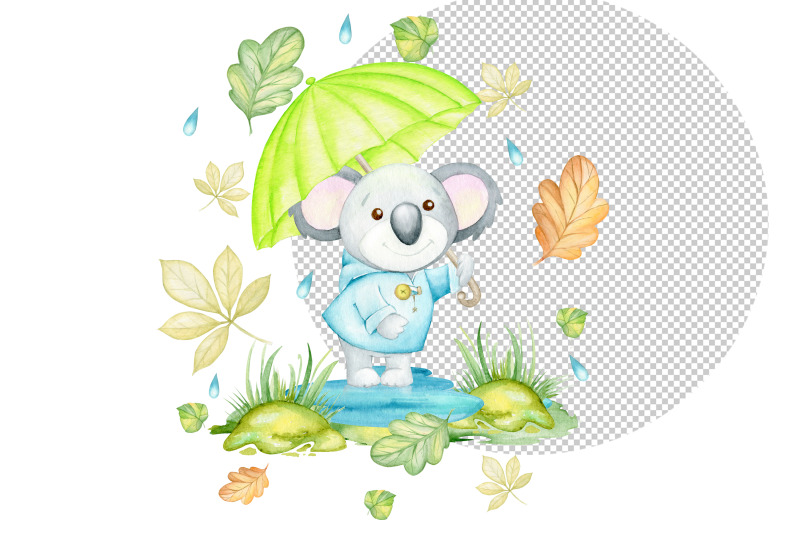 cute-koala-rain-autumn-leaves-rain-watercolor-animals-digital-cl