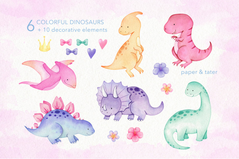 watercolor-girly-dinosaurs-clipart-cute-baby-dino-summer-png