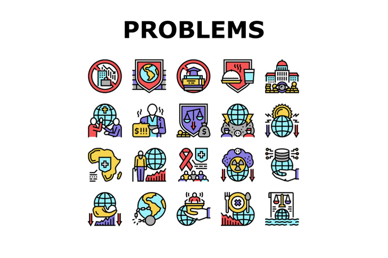 social-public-problems-worldwide-icons-set-vector
