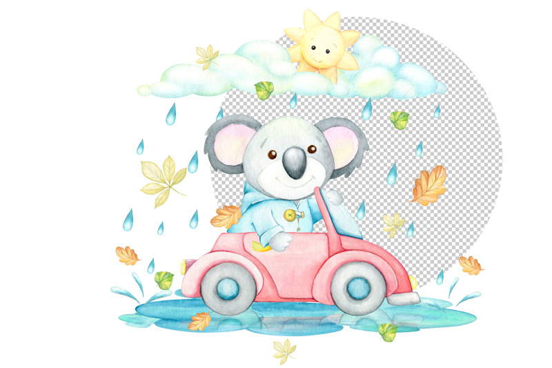 little-koala-red-car-fall-leaves-rain-clouds-sun-watercolor-trop