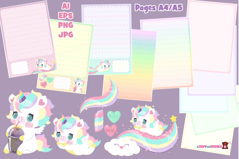 kawaii-unicorn-set-with-pages