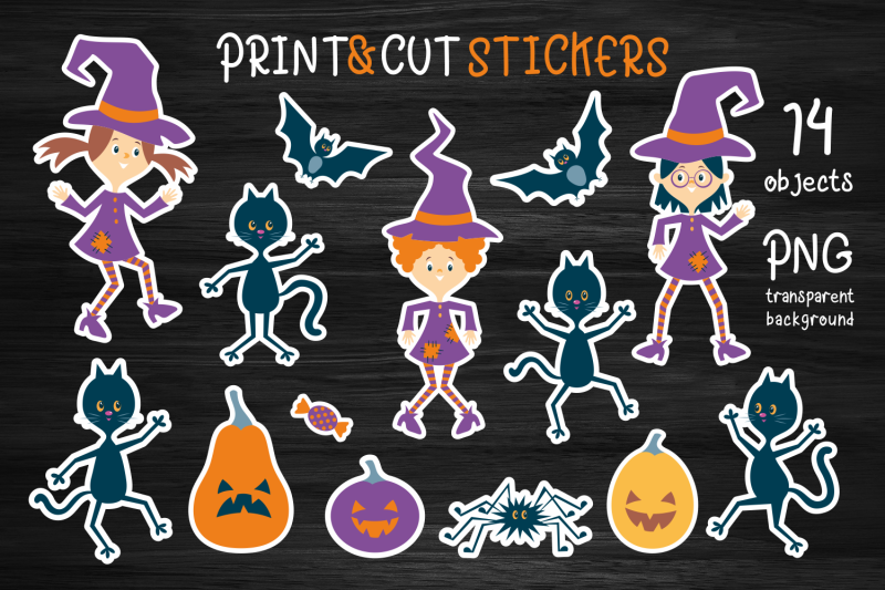 halloween-dance-stickers-with-funny-witches-and-black-cats