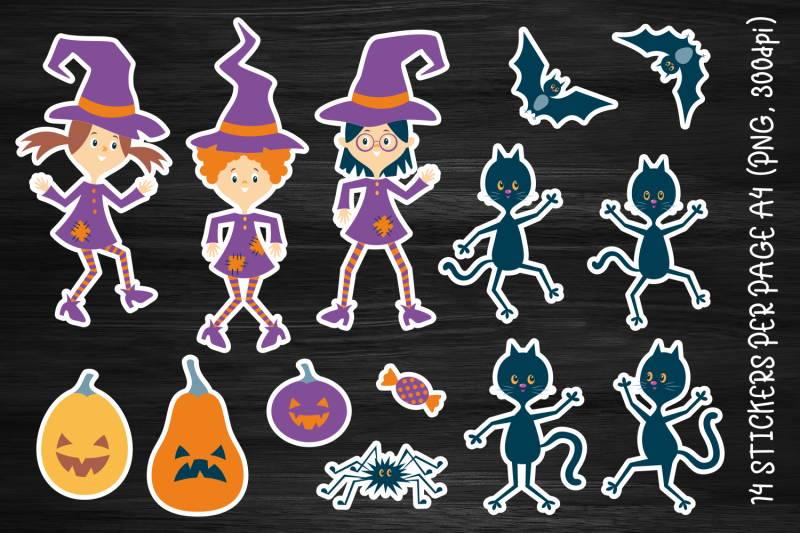 halloween-dance-stickers-with-funny-witches-and-black-cats