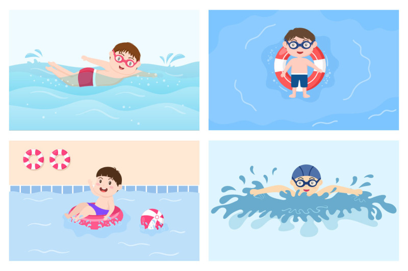 15-cute-little-kids-swimming-vector-illustration