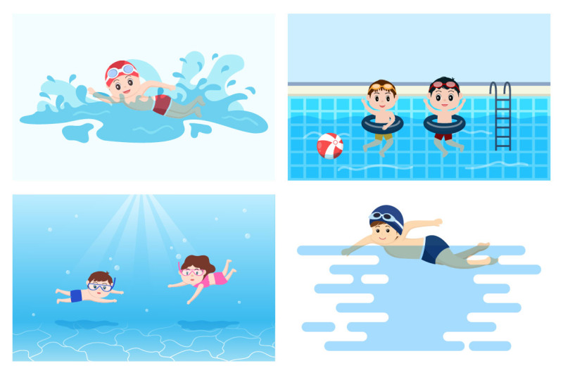 15-cute-little-kids-swimming-vector-illustration