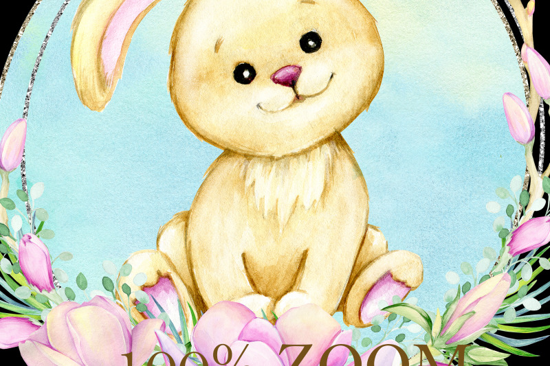 cute-bunny-watercolor-animals-silver-frame-magnolia-wreath-sublima