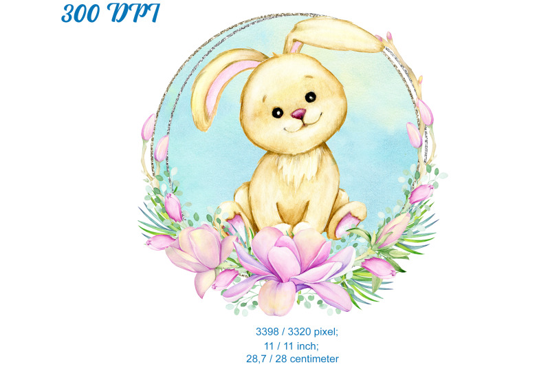 cute-bunny-watercolor-animals-silver-frame-magnolia-wreath-sublima