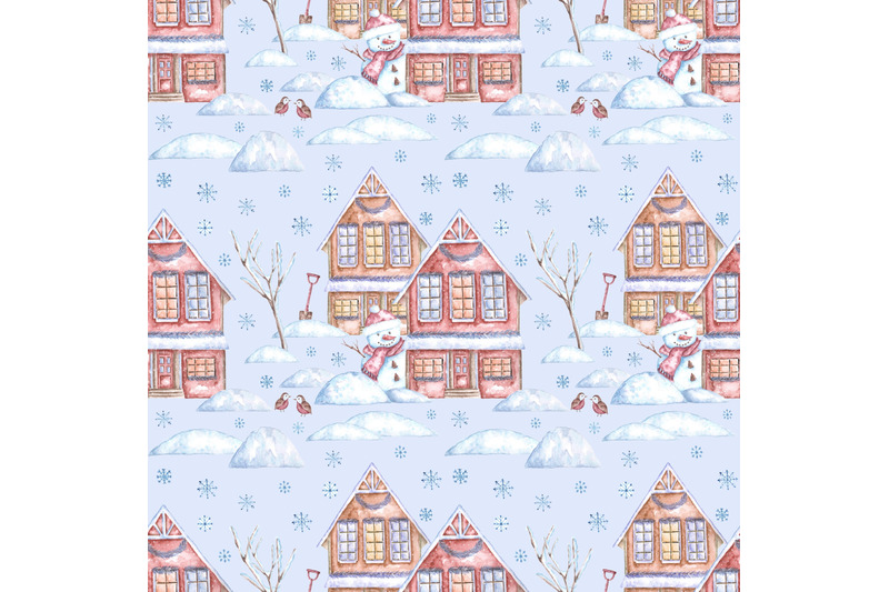 snowy-street-watercolor-seamless-pattern-christmas-house-snowman