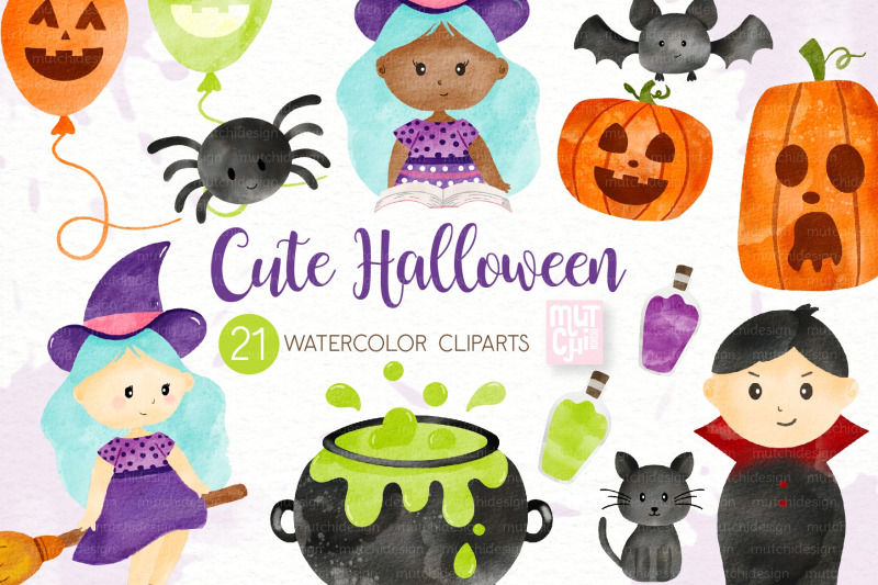 cute-watercolor-little-witch-amp-vampire-halloween-clipart