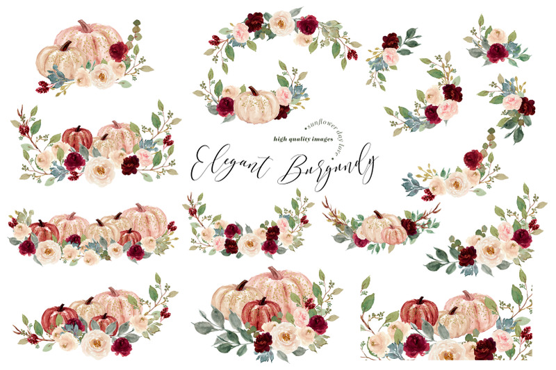 elegant-burgundy-pumpkin-clipart-autumn-floral-leaves-fall-pumpkin