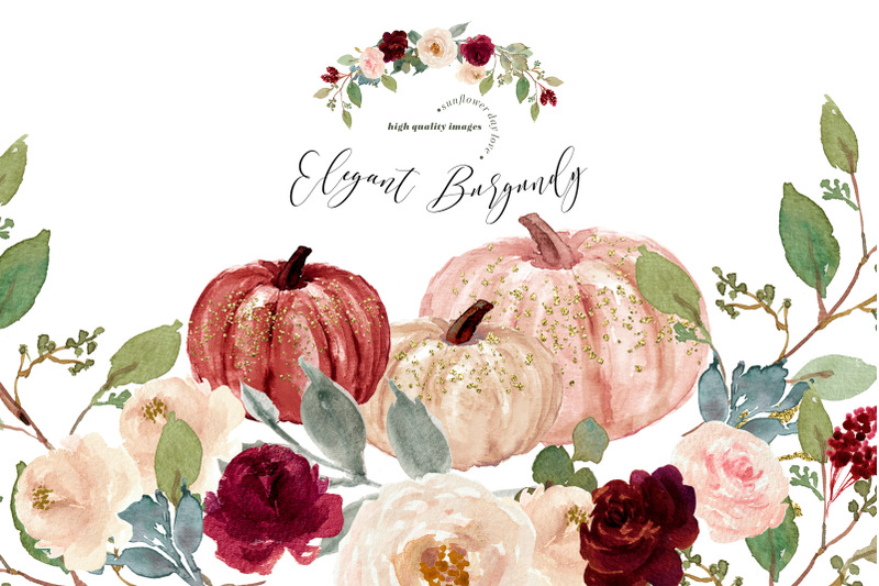 elegant-burgundy-pumpkin-clipart-autumn-floral-leaves-fall-pumpkin