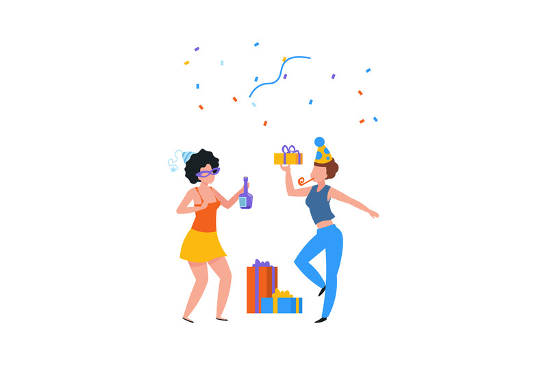 cartoon-party-people-with-gifts-and-drinks-happy-women-with-presents