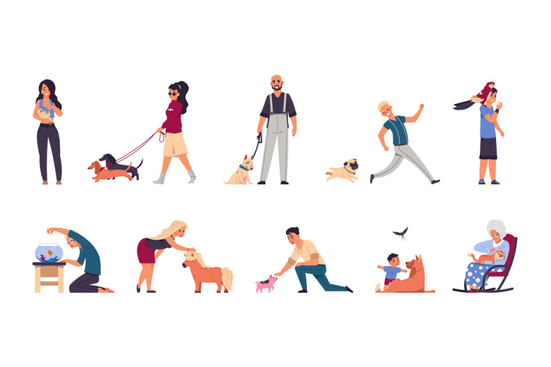 pet-owners-cartoon-man-woman-and-children-playing-or-walking-spendi