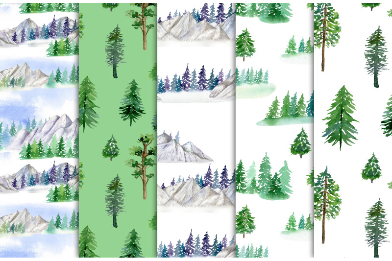 mountains-watercolor-digital-paper-forest-seamless-pattern