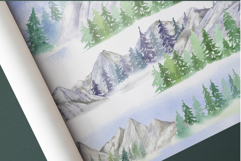 mountains-watercolor-digital-paper-forest-seamless-pattern