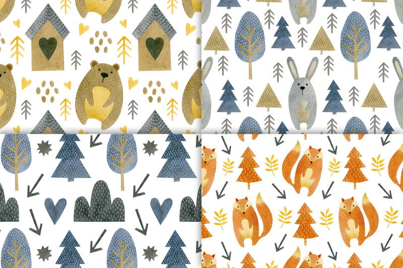 watercolor-animals-friends-seamless-patterns