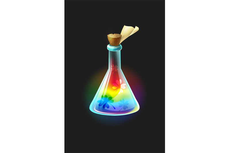 magic-elixir-flask-with-tag-rainbow-liquid-with-quatrefoil-luck-pot