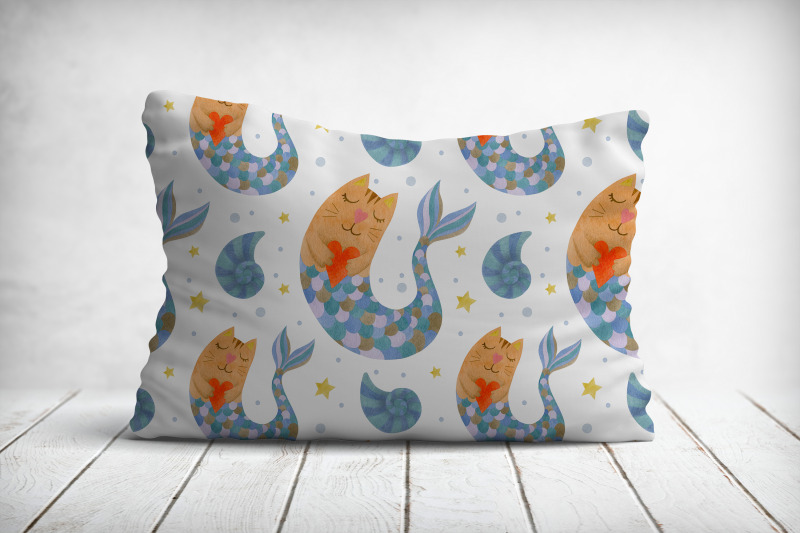 watercolor-mermaid-cat-seamless-patterns