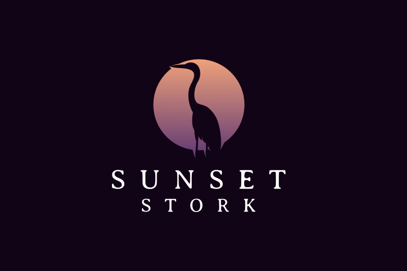 stork-heron-bird-on-river-lake-creek-sunset-logo-design