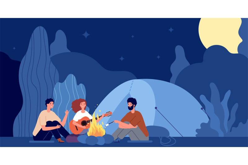 people-sitting-fire-scary-night-campfire-in-forest-and-friends-man