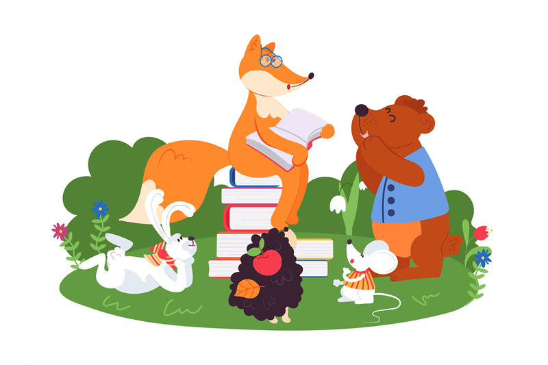 animal-friends-reading-fun-animals-school-bear-fox-rabbit-read-book