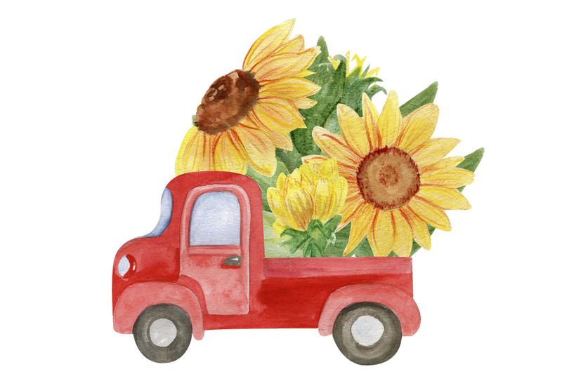 funny-red-truck-sunflower-png-for-watercolor-card