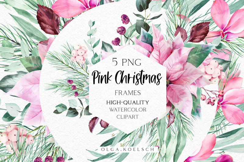 watercolor-pink-christmas-frames-clipart-pink-poinsettia-eucalyptus