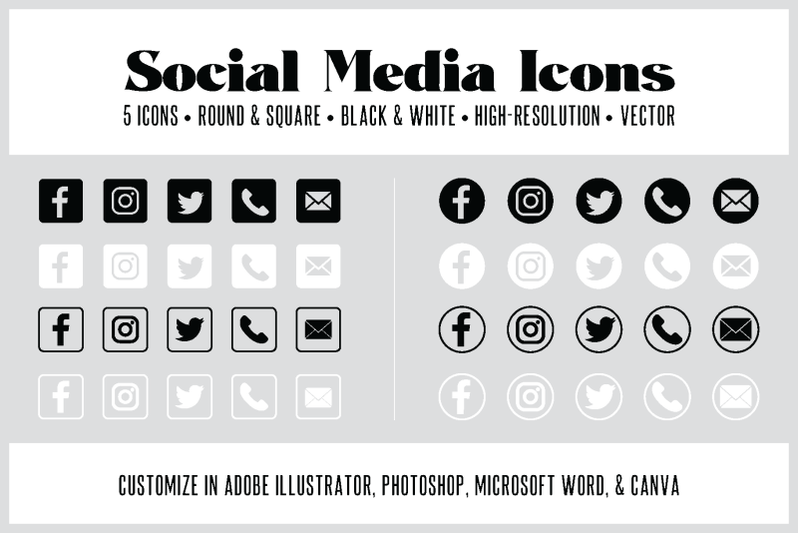 5-customizable-social-media-icons-round-and-square-vector