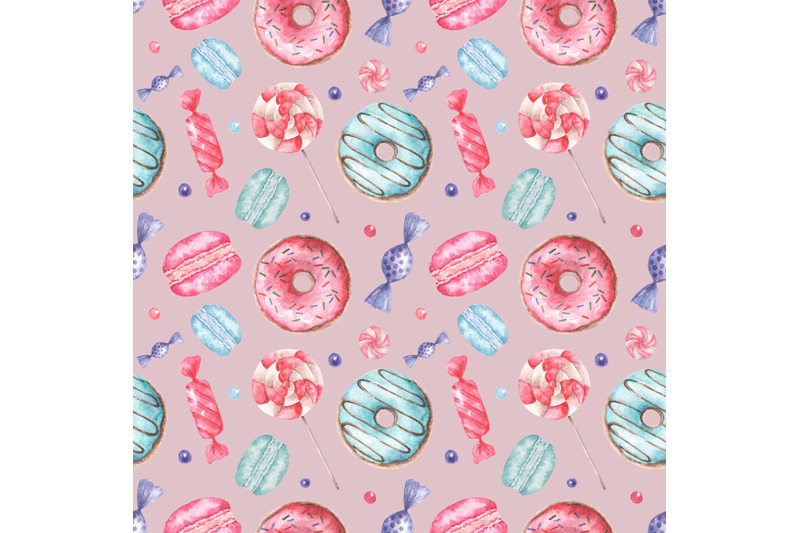 sweets-watercolor-seamless-pattern-donut-macaroon-lollipops-candy