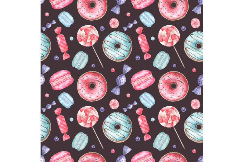 dessert-watercolor-seamless-pattern-donut-macaroon-lollipops-candy