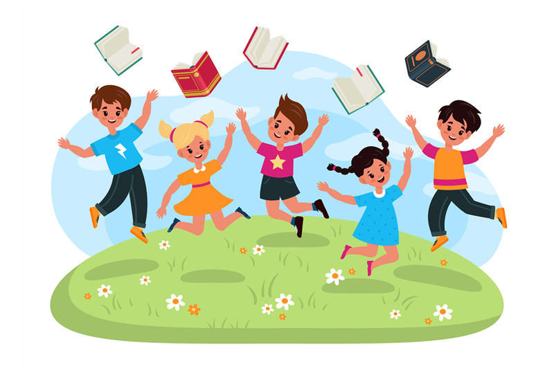 vacation-end-of-study-jumping-children-throw-books-cartoon-boys-and