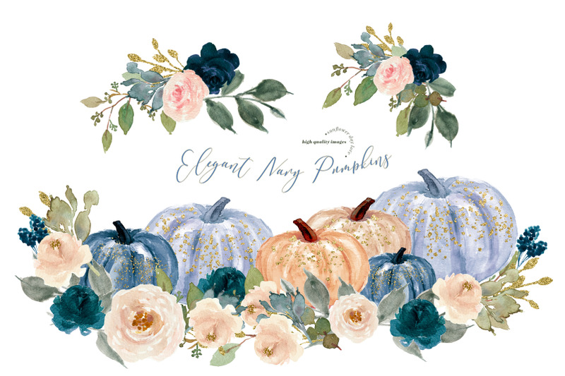 navy-blue-floral-pumpkin-clipart-watercolor-autumn-floral-leaves