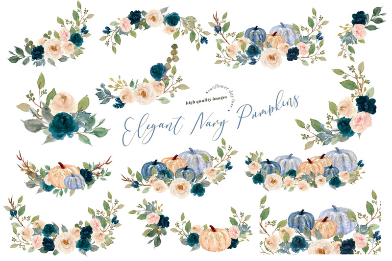 navy-blue-floral-pumpkin-clipart-watercolor-autumn-floral-leaves