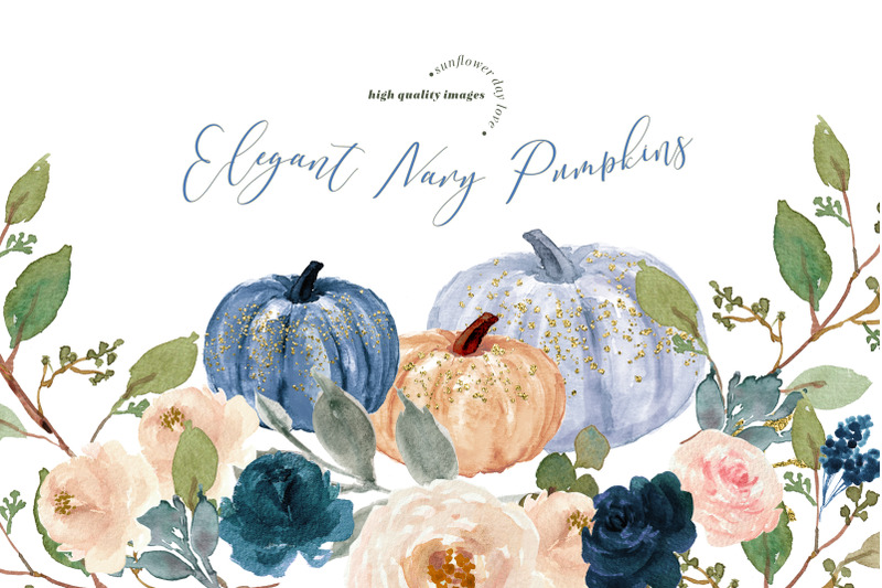 navy-blue-floral-pumpkin-clipart-watercolor-autumn-floral-leaves