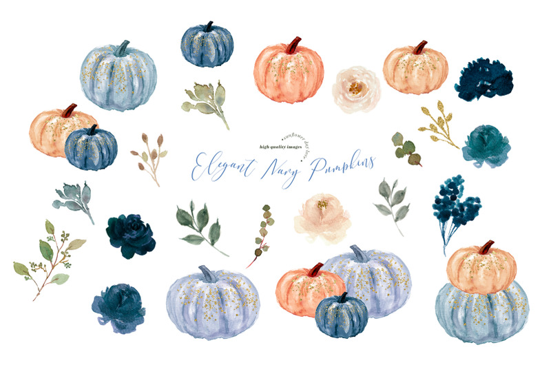 elegant-navy-blue-pumpkin-clipart-greenery-floral-clip-art